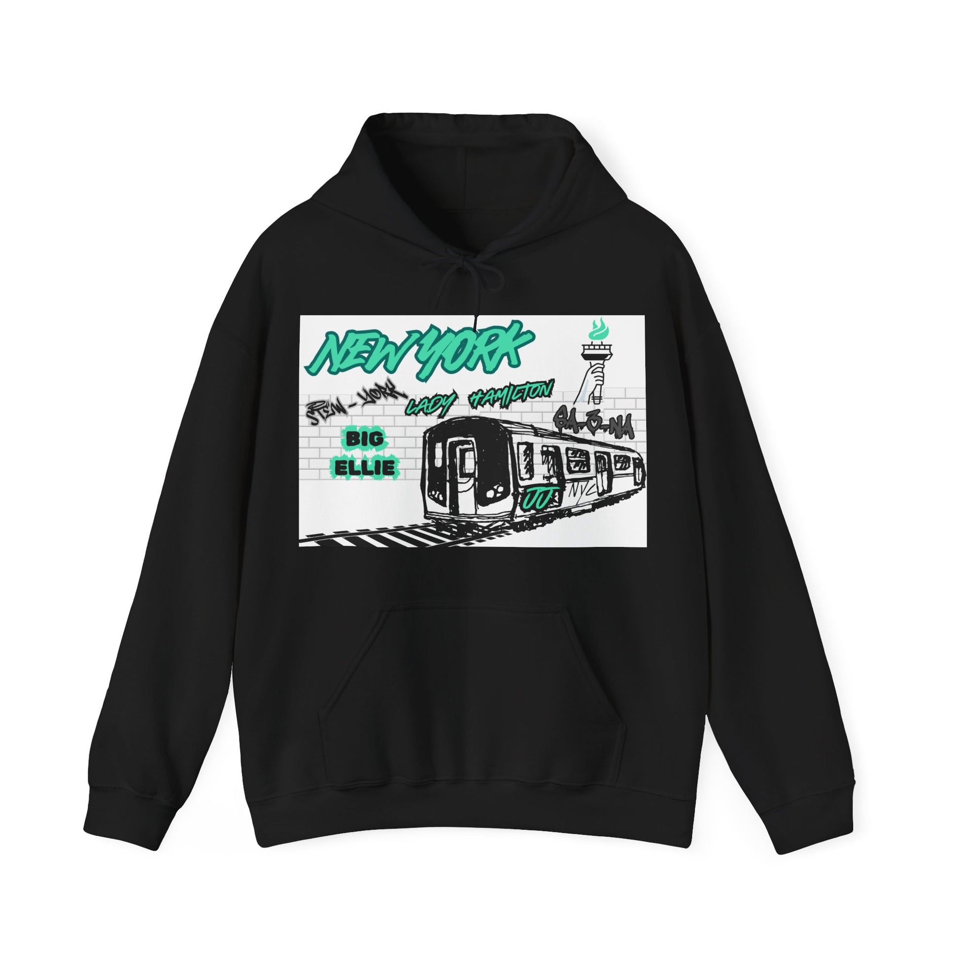 Subway Hoodie This hoodie is for the New York women's basketball (WBB) fans. With a subway train with track. The words New York in seafaom green Grafitti. Featuring different player nicknames on the brick wall in different styles of Graffiti (Stew-York, S