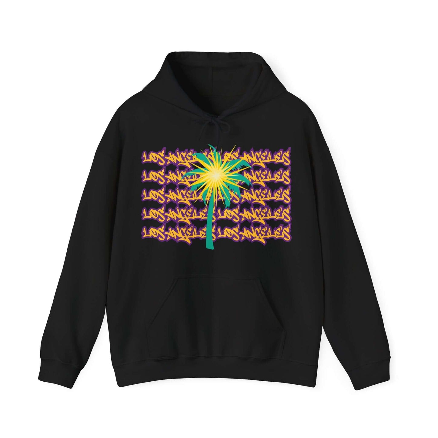 Los Angeles Hoodie, A cozy unisex hoodie featuring a design representing Los Angeles women's basketball. The hoodie showcases the word 'Los Angeles' in graffiti-style font in purple and yellow, with a teal palm tree embellished with a spark on the palms.