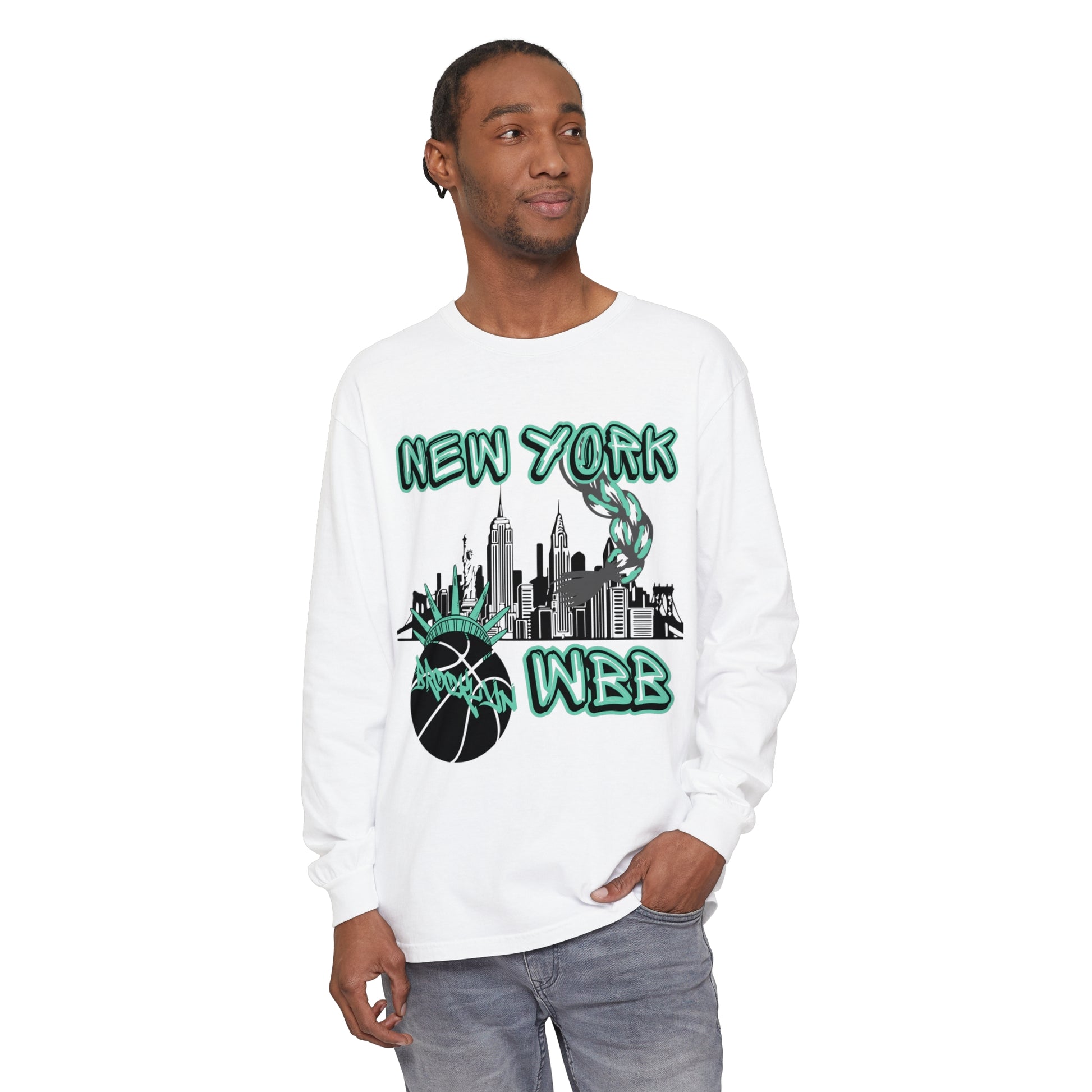 New York WBB Long Sleeve T-Shirt, This New York WBB long-sleeve shirt comes packed with softness and style. This tee features garment-dyed fabric and comes with a relaxed fit for total comfort in any casual setting. Featuring the New York City skyline in