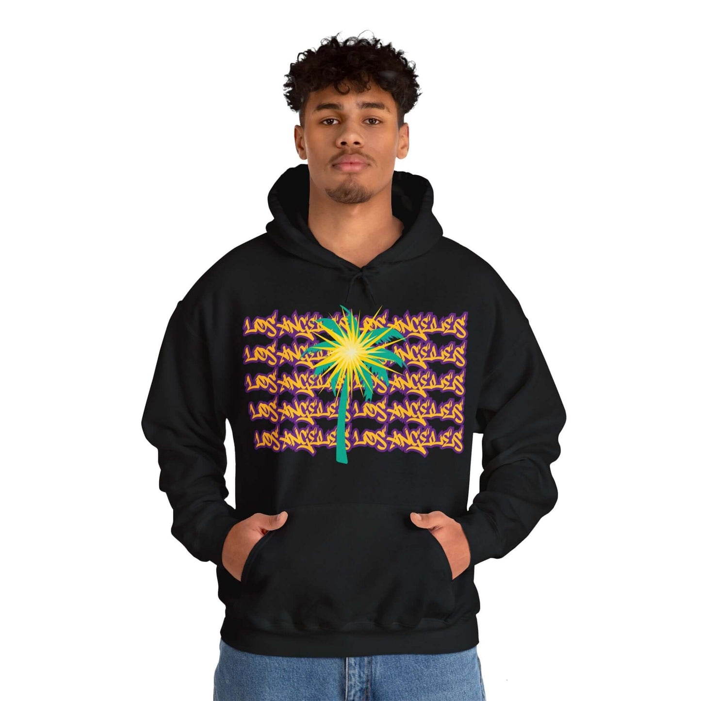 Los Angeles Hoodie, A cozy unisex hoodie featuring a design representing Los Angeles women's basketball. The hoodie showcases the word 'Los Angeles' in graffiti-style font in purple and yellow, with a teal palm tree embellished with a spark on the palms.