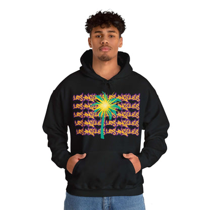 Los Angeles Hoodie, A cozy unisex hoodie featuring a design representing Los Angeles women's basketball. The hoodie showcases the word 'Los Angeles' in graffiti-style font in purple and yellow, with a teal palm tree embellished with a spark on the palms.