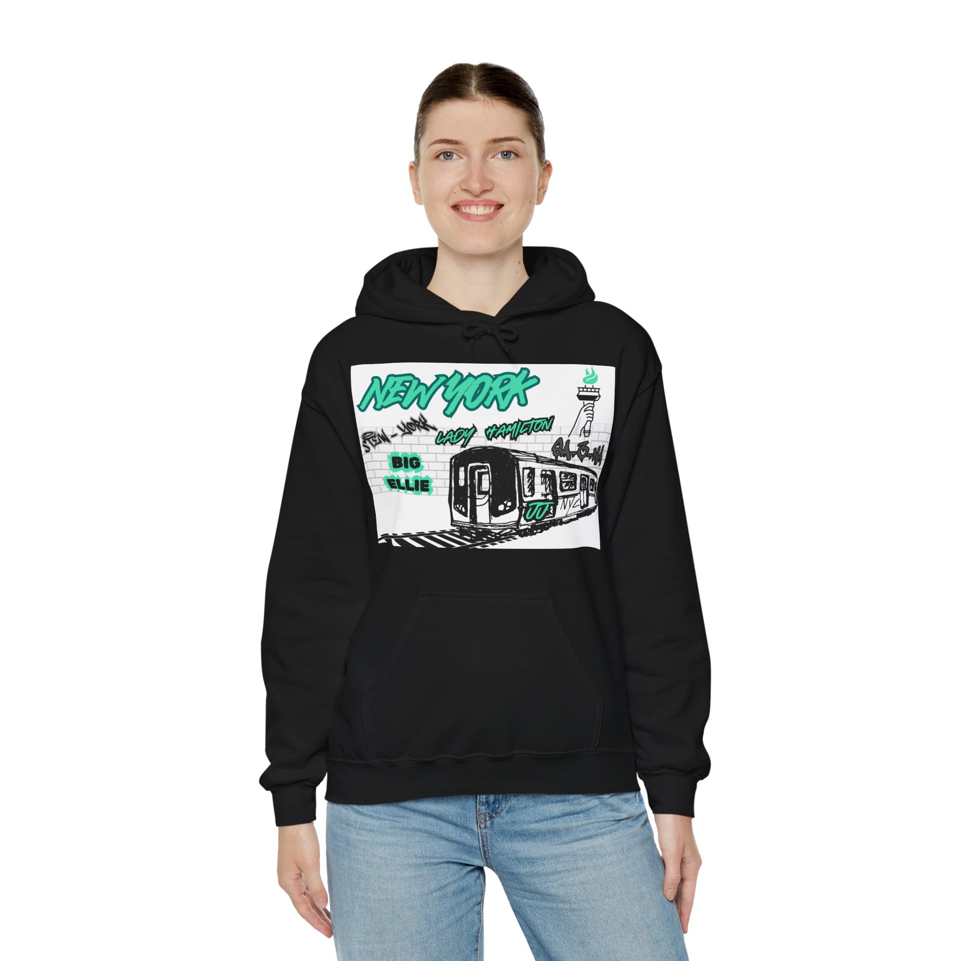 Subway Hoodie This hoodie is for the New York women's basketball (WBB) fans. With a subway train with track. The words New York in seafaom green Grafitti. Featuring different player nicknames on the brick wall in different styles of Graffiti (Stew-York, S