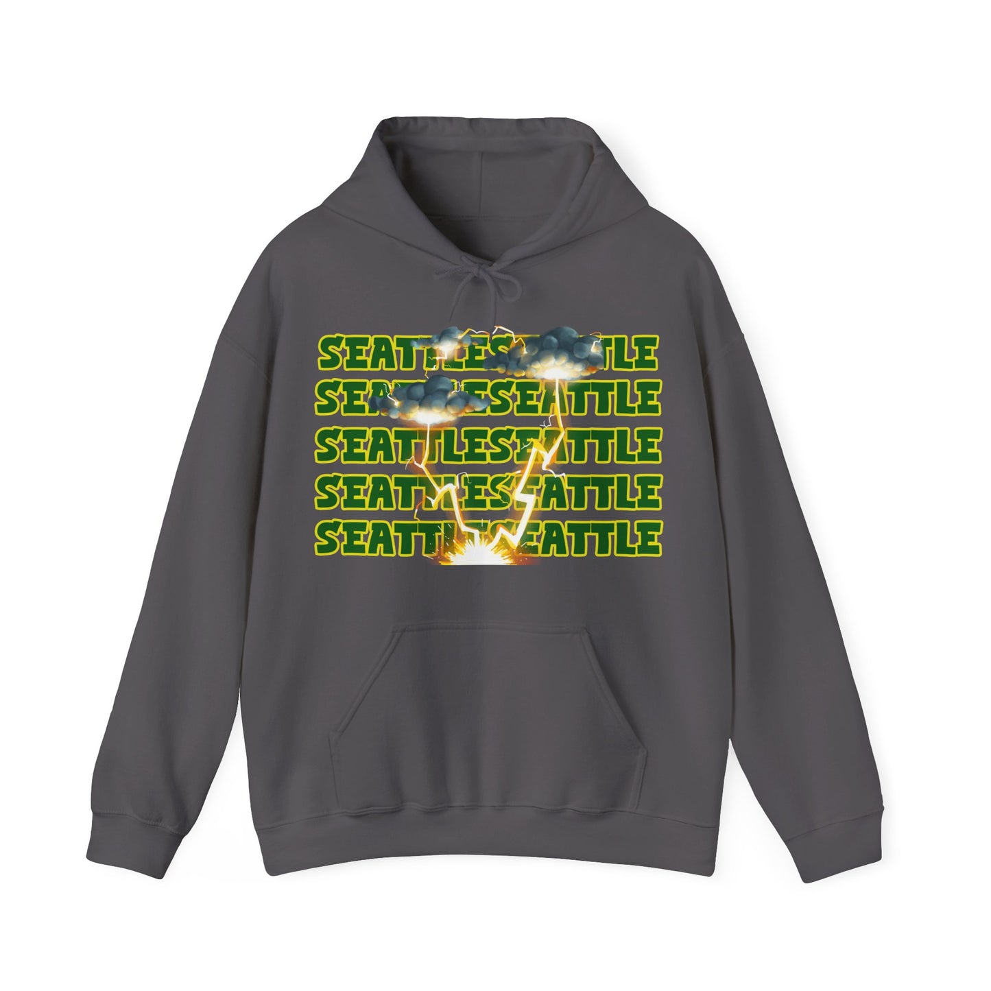 Seattle Hoodie This unique hoodie design is inspired by Seattle women's basketball (WBB). With Seattle in green letters with a yellow outline. Featuring dark gary storm clouds producing a lightning storm. This unisex hoodie is soft ands cozy Kanagroo pouc