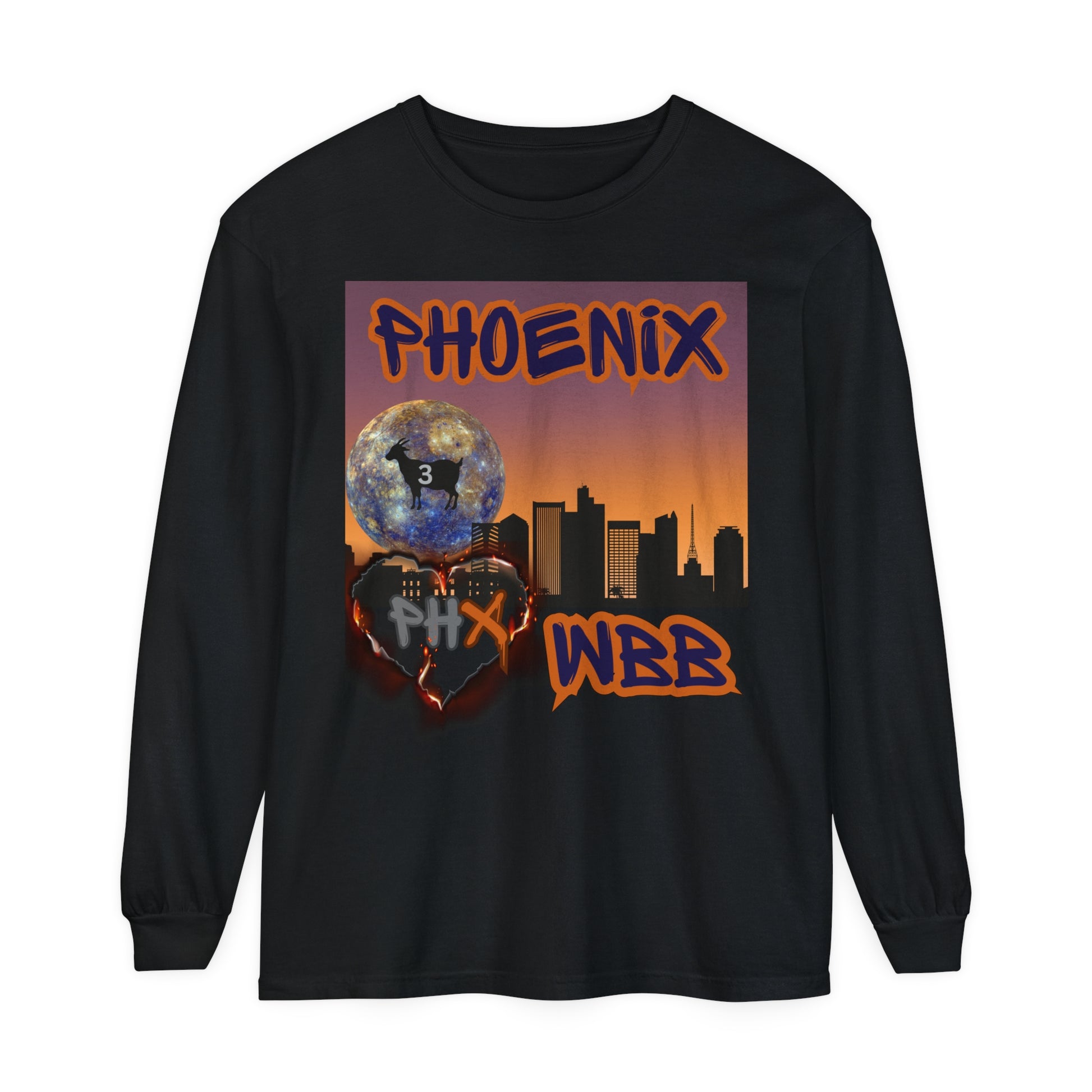 Phoenix WBB Long Sleeve T-Shirt This Phoenix WBB long-sleeve shirt comes packed with softness and style. This tee features garment-dyed fabric and comes with a relaxed fit for total comfort in any casual setting. Featuring The Phoenix skyline in black, wi