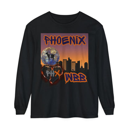 Phoenix WBB Long Sleeve T-Shirt This Phoenix WBB long-sleeve shirt comes packed with softness and style. This tee features garment-dyed fabric and comes with a relaxed fit for total comfort in any casual setting. Featuring The Phoenix skyline in black, wi