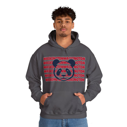 Washington Hoodie This unique hoodie design is inspired by Washington women's basketball (WBB). With Washington in red bubble-ish lettering, outlined in silver. Featuring a big panda bear face in blue and gray color ways. Unisex Soft and comfy Kangaroo po