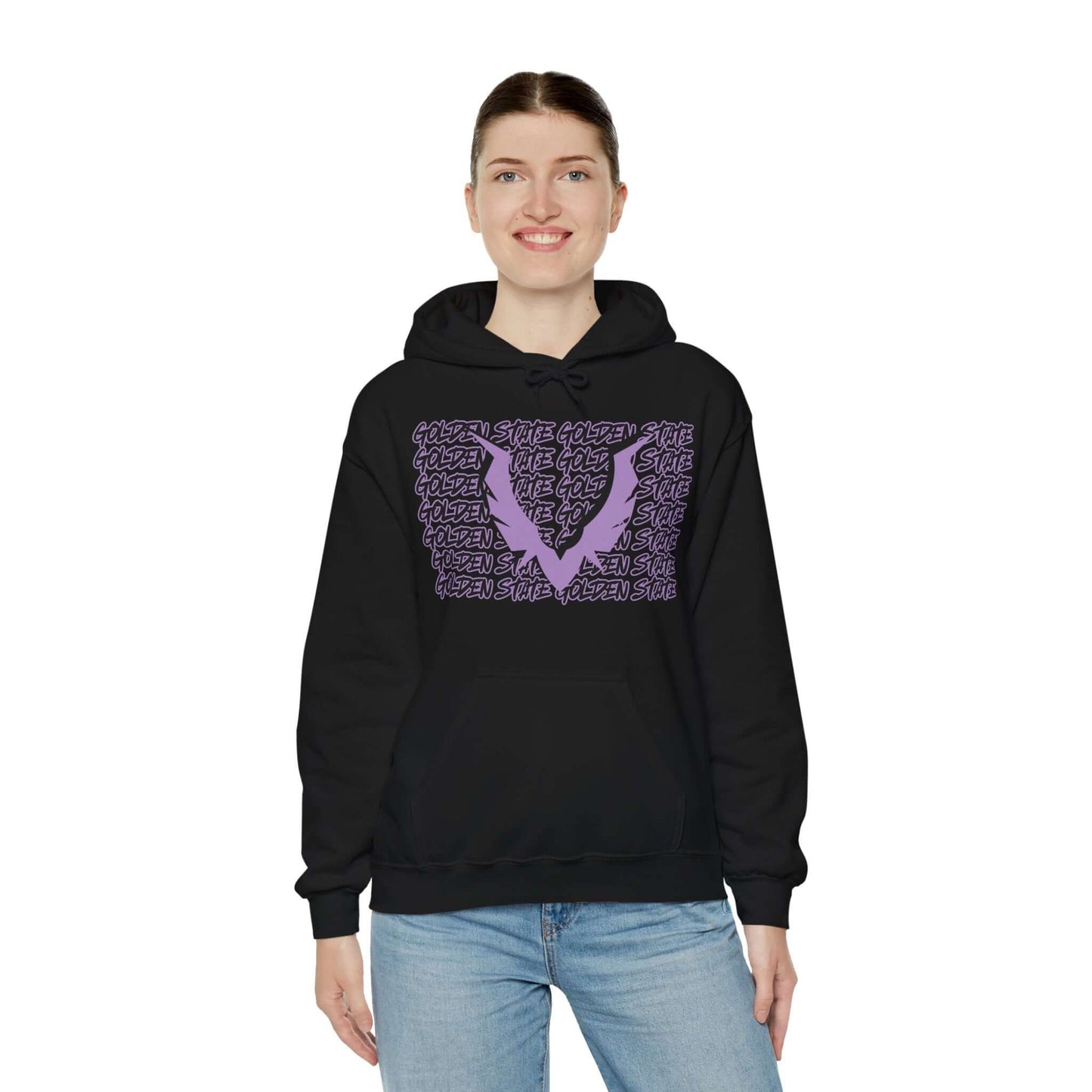 Golden State Hoodie This unique hoodie design is inspired by Golden State women's basketball (WBB). With Golden State in black Graffiti style letters, outlined in violet purple. Featuring a big set of valkyrie wings in the same color way. Unisex Soft and