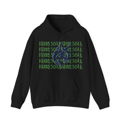 Minnesota Hoodie This unique hoodie design is inspired by Minnesota women's basketall (WBB). With Minnesota in navy blue lettering, with lime green shadowing. Featuring a big lynx head in gray and navy blue. Unisex Kangaroo pouch with tear away label Soft