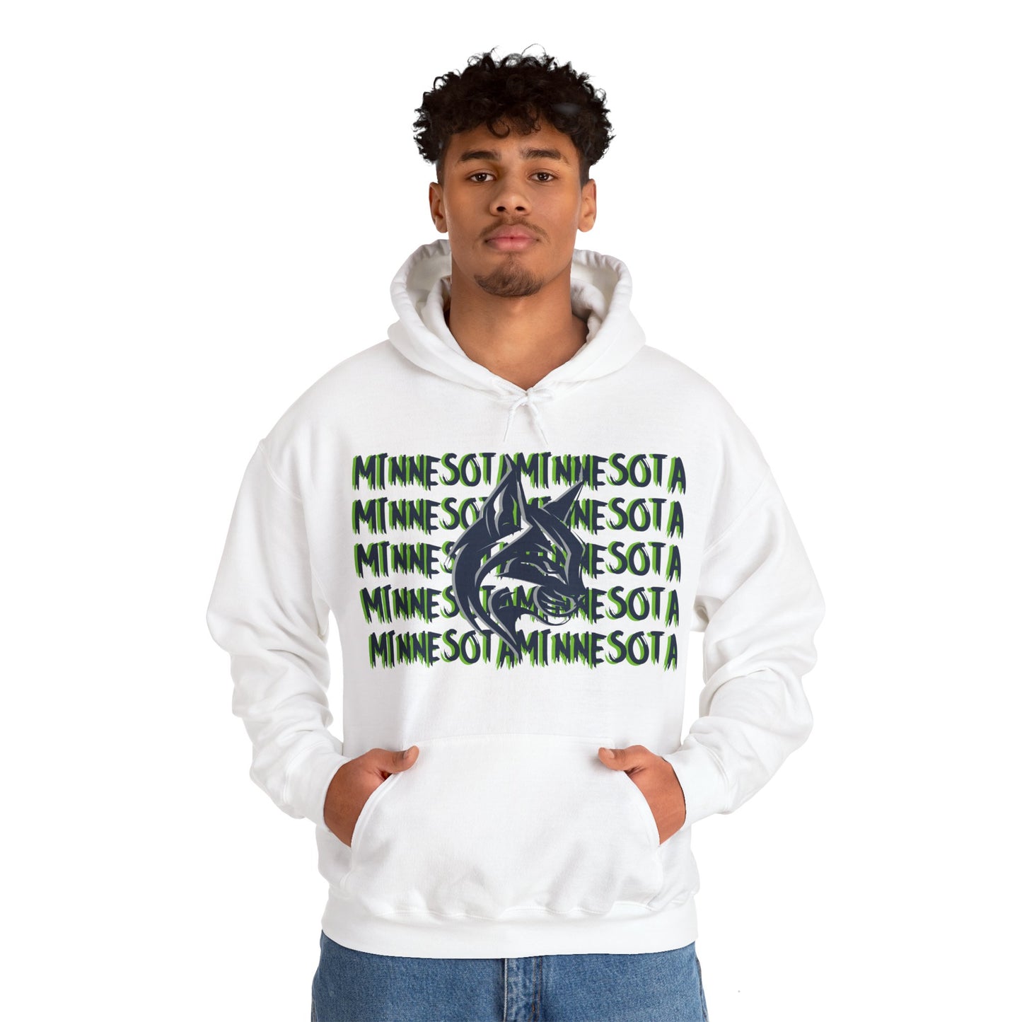 Minnesota Hoodie This unique hoodie design is inspired by Minnesota women's basketall (WBB). With Minnesota in navy blue lettering, with lime green shadowing. Featuring a big lynx head in gray and navy blue. Unisex Kangaroo pouch with tear away label Soft