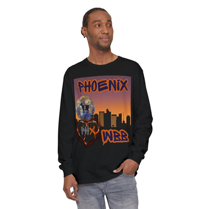 Phoenix WBB Long Sleeve T-Shirt This Phoenix WBB long-sleeve shirt comes packed with softness and style. This tee features garment-dyed fabric and comes with a relaxed fit for total comfort in any casual setting. Featuring The Phoenix skyline in black, wi