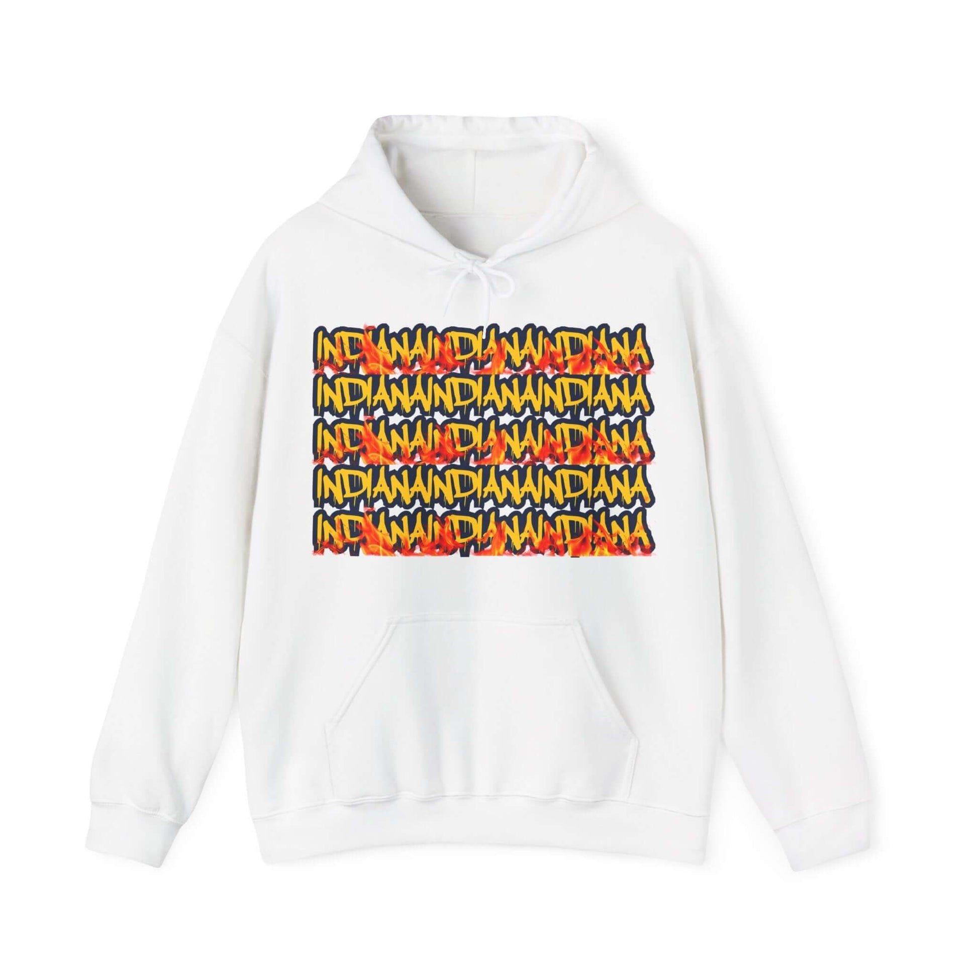 Indiana Hoodie This heavy blend Indiana hoodie is relaxation. With Indiana in yellow and navy dripping Graffiti letters. Featuring fire along the bottom of the words to represent the hotness that is Indiana WBB. Unisex Soft and Cozy Kangaroo pouch and tea