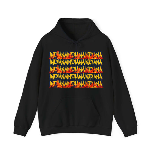 Indiana Hoodie This heavy blend Indiana hoodie is relaxation. With Indiana in yellow and navy dripping Graffiti letters. Featuring fire along the bottom of the words to represent the hotness that is Indiana WBB. Unisex Soft and Cozy Kangaroo pouch and tea