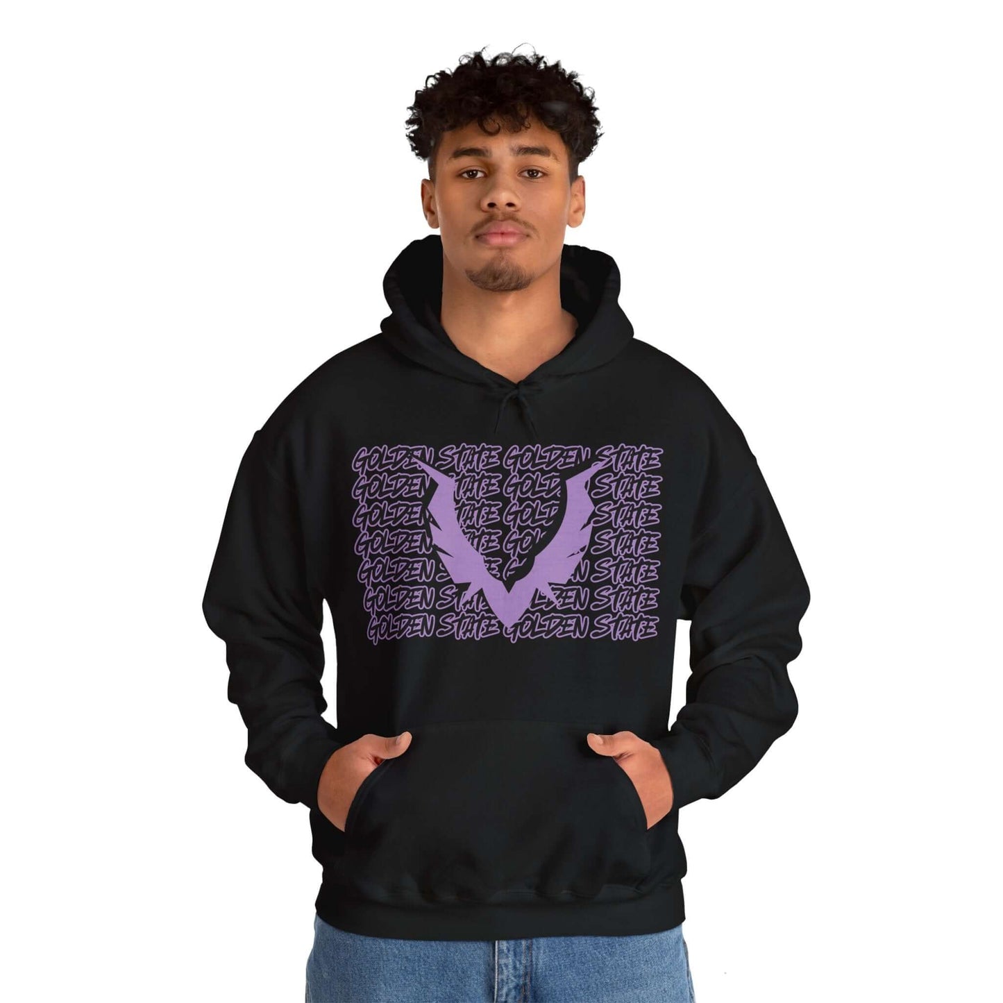 Golden State Hoodie This unique hoodie design is inspired by Golden State women's basketball (WBB). With Golden State in black Graffiti style letters, outlined in violet purple. Featuring a big set of valkyrie wings in the same color way. Unisex Soft and