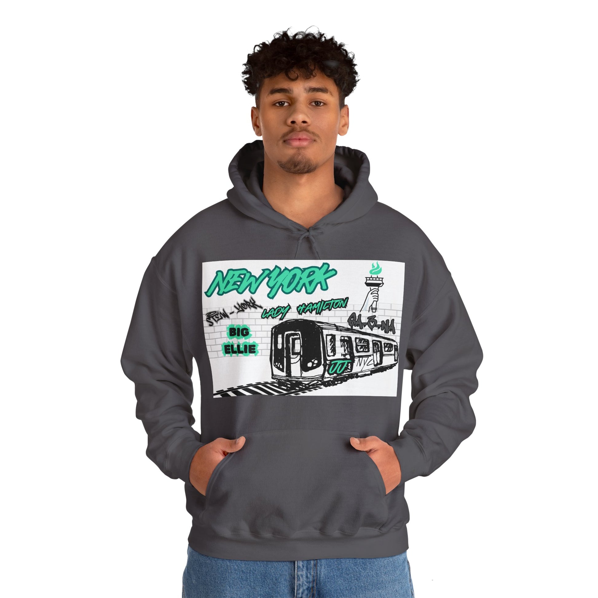 Subway Hoodie This hoodie is for the New York women's basketball (WBB) fans. With a subway train with track. The words New York in seafaom green Grafitti. Featuring different player nicknames on the brick wall in different styles of Graffiti (Stew-York, S