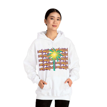 Los Angeles Hoodie, A cozy unisex hoodie featuring a design representing Los Angeles women's basketball. The hoodie showcases the word 'Los Angeles' in graffiti-style font in purple and yellow, with a teal palm tree embellished with a spark on the palms.