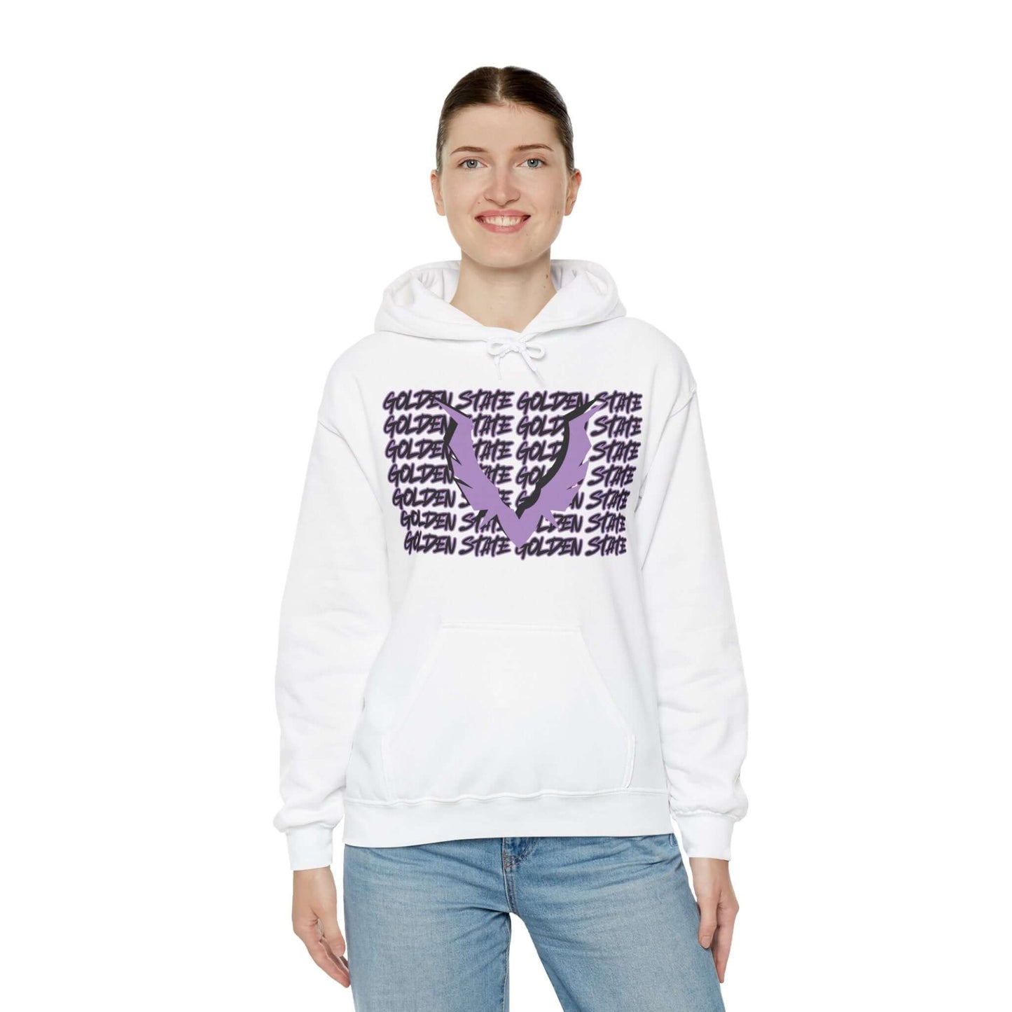 Golden State Hoodie This unique hoodie design is inspired by Golden State women's basketball (WBB). With Golden State in black Graffiti style letters, outlined in violet purple. Featuring a big set of valkyrie wings in the same color way. Unisex Soft and