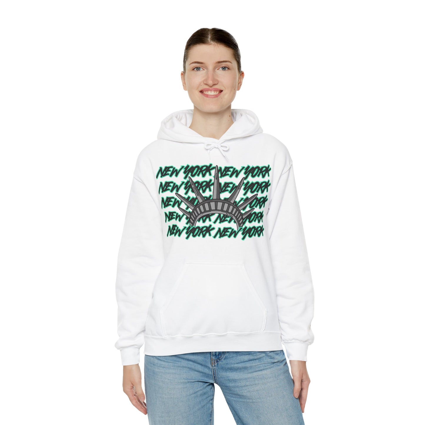 New York Hoodie This unique hoodie design is inspired by New York women's basketball (WBB). With New York in black Graffitti letters outlined in seafoam green. Featuring the a big Lady Liberty crown in gray. Unisex Soft and comfy 50% Cotton 50% Polyester