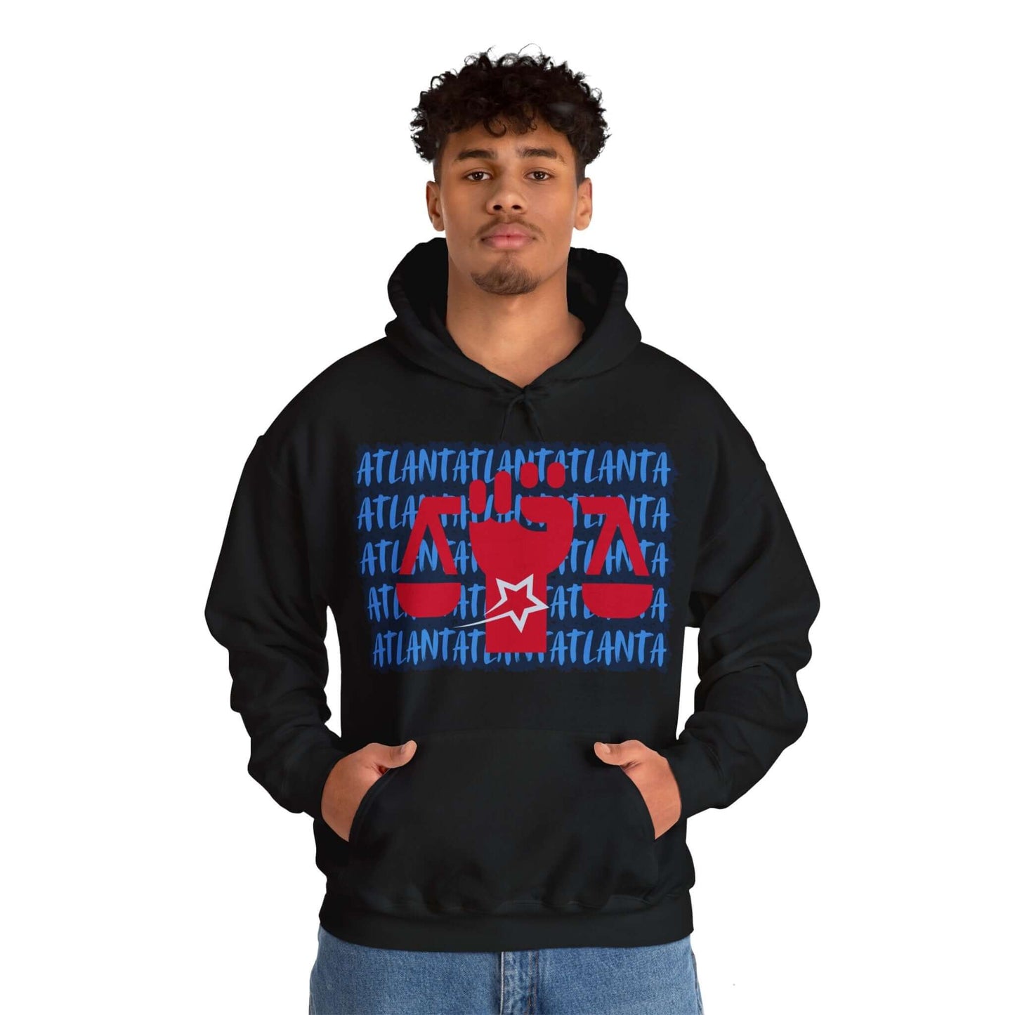 Atlanta Hoodie This unique hoodie design is inspired by Atlanta women's basketball (WBB). With Atlanta in light blue Graffiti style letters, outlined in navy blue. Featuring a big Civil Rights symbol, an upright fist holding the scales of equality, in red