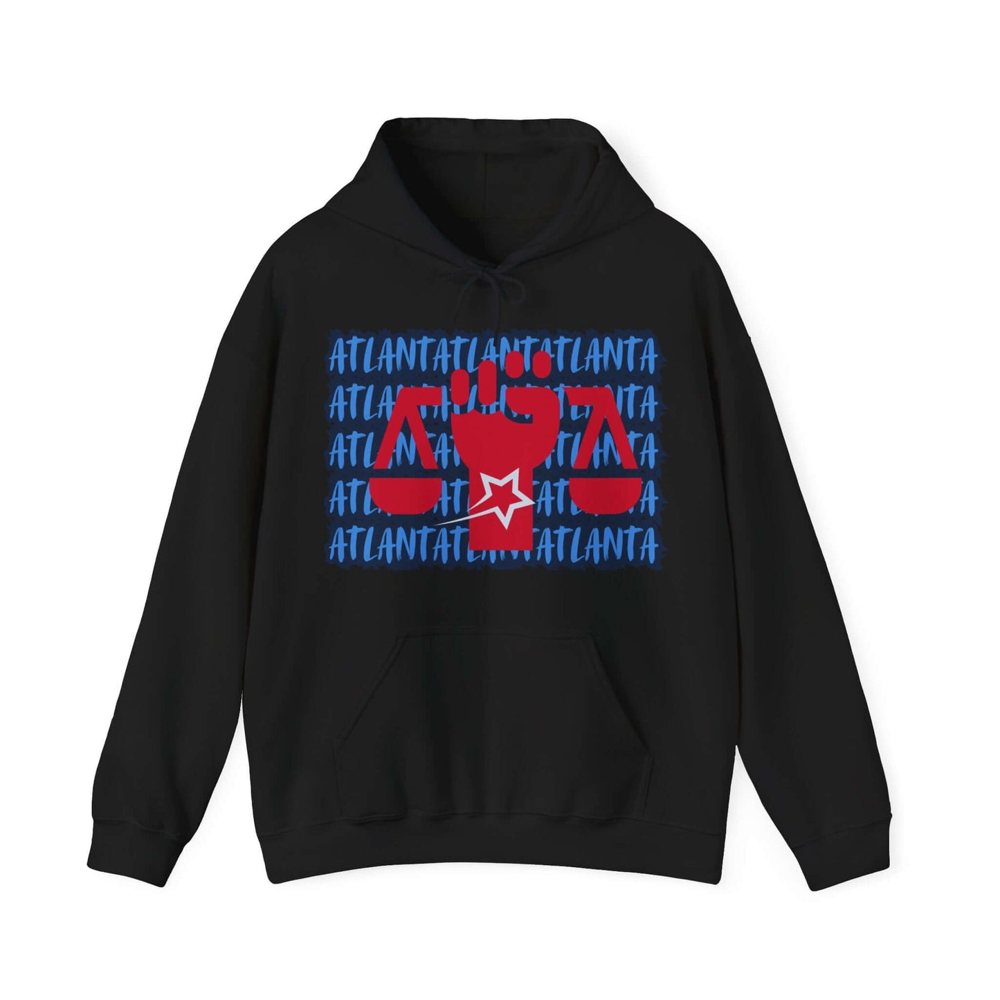 Atlanta Hoodie This unique hoodie design is inspired by Atlanta women's basketball (WBB). With Atlanta in light blue Graffiti style letters, outlined in navy blue. Featuring a big Civil Rights symbol, an upright fist holding the scales of equality, in red