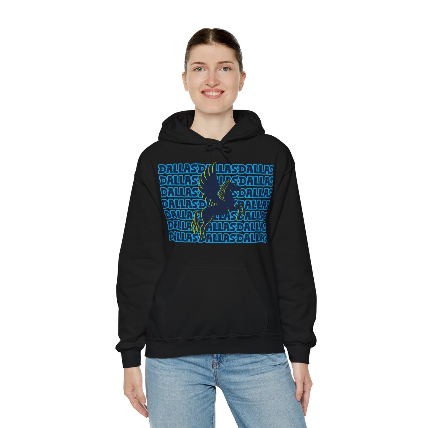 Dallas Hoodie This unique hoodie design is inspired by Dallas women's basketball(WBB). With Dallas in blue and cyan bold, bubble-ish Graffiti. Featuring a Pegassus in blue with a volt green shadow. Unisex Soft and comfy 50% Cotton 50% Polyester blend Kang