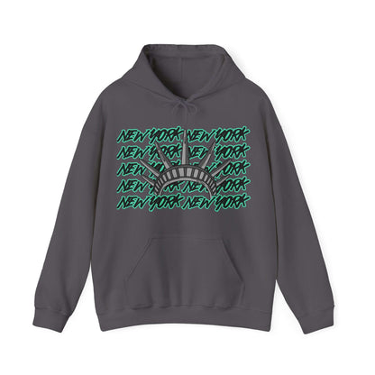 New York Hoodie This unique hoodie design is inspired by New York women's basketball (WBB). With New York in black Graffitti letters outlined in seafoam green. Featuring the a big Lady Liberty crown in gray. Unisex Soft and comfy 50% Cotton 50% Polyester