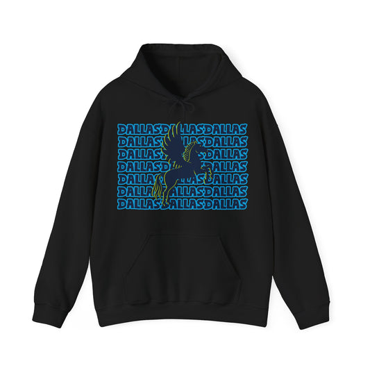 Dallas Hoodie This unique hoodie design is inspired by Dallas women's basketball(WBB). With Dallas in blue and cyan bold, bubble-ish Graffiti. Featuring a Pegassus in blue with a volt green shadow. Unisex Soft and comfy 50% Cotton 50% Polyester blend Kang