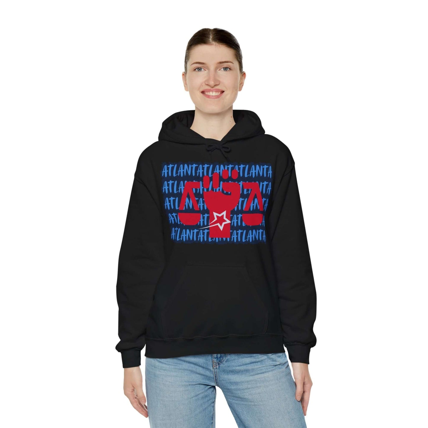 Atlanta Hoodie This unique hoodie design is inspired by Atlanta women's basketball (WBB). With Atlanta in light blue Graffiti style letters, outlined in navy blue. Featuring a big Civil Rights symbol, an upright fist holding the scales of equality, in red