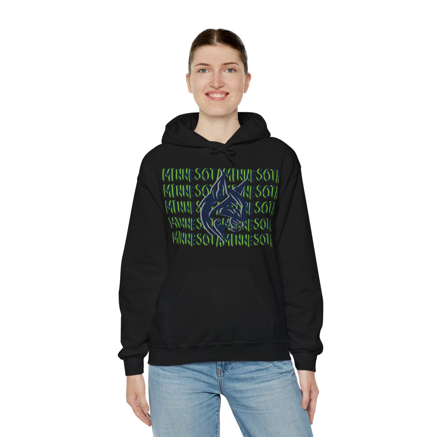 Minnesota Hoodie This unique hoodie design is inspired by Minnesota women's basketall (WBB). With Minnesota in navy blue lettering, with lime green shadowing. Featuring a big lynx head in gray and navy blue. Unisex Kangaroo pouch with tear away label Soft