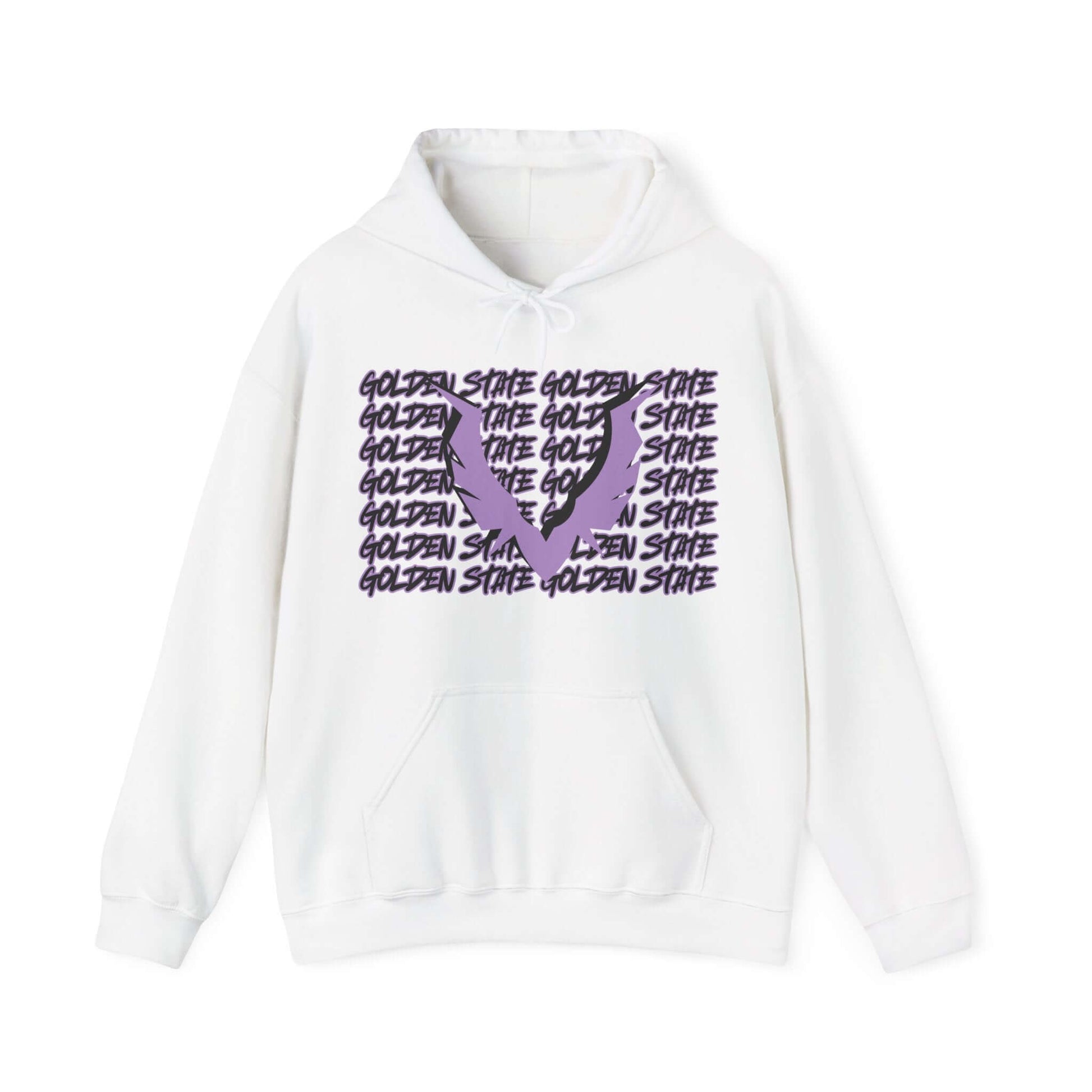 Golden State Hoodie This unique hoodie design is inspired by Golden State women's basketball (WBB). With Golden State in black Graffiti style letters, outlined in violet purple. Featuring a big set of valkyrie wings in the same color way. Unisex Soft and