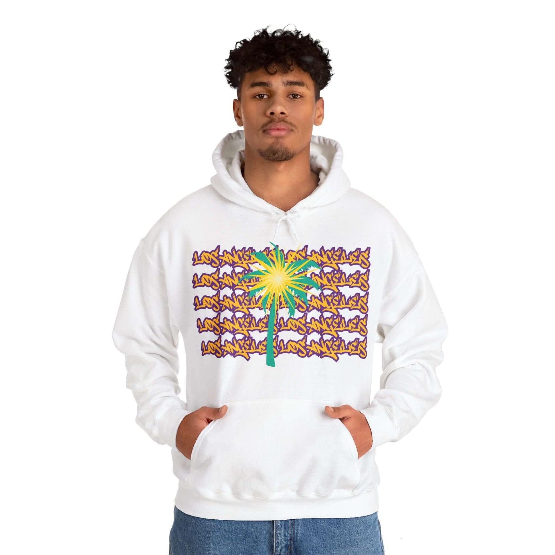 Los Angeles Hoodie, A cozy unisex hoodie featuring a design representing Los Angeles women's basketball. The hoodie showcases the word 'Los Angeles' in graffiti-style font in purple and yellow, with a teal palm tree embellished with a spark on the palms.