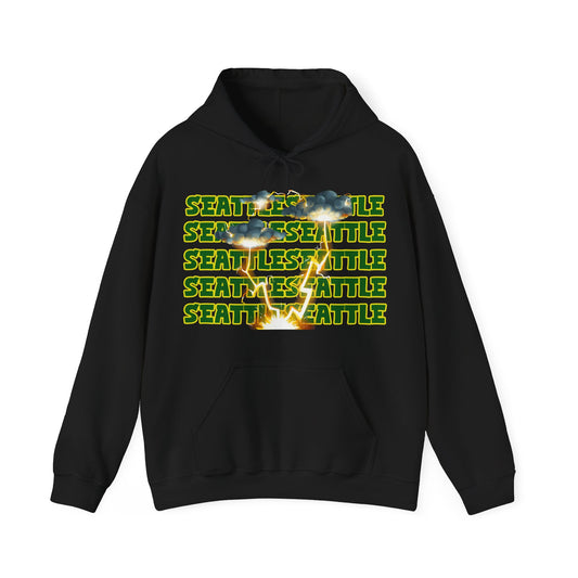 Seattle Hoodie This unique hoodie design is inspired by Seattle women's basketball (WBB). With Seattle in green letters with a yellow outline. Featuring dark gary storm clouds producing a lightning storm. This unisex hoodie is soft ands cozy Kanagroo pouc