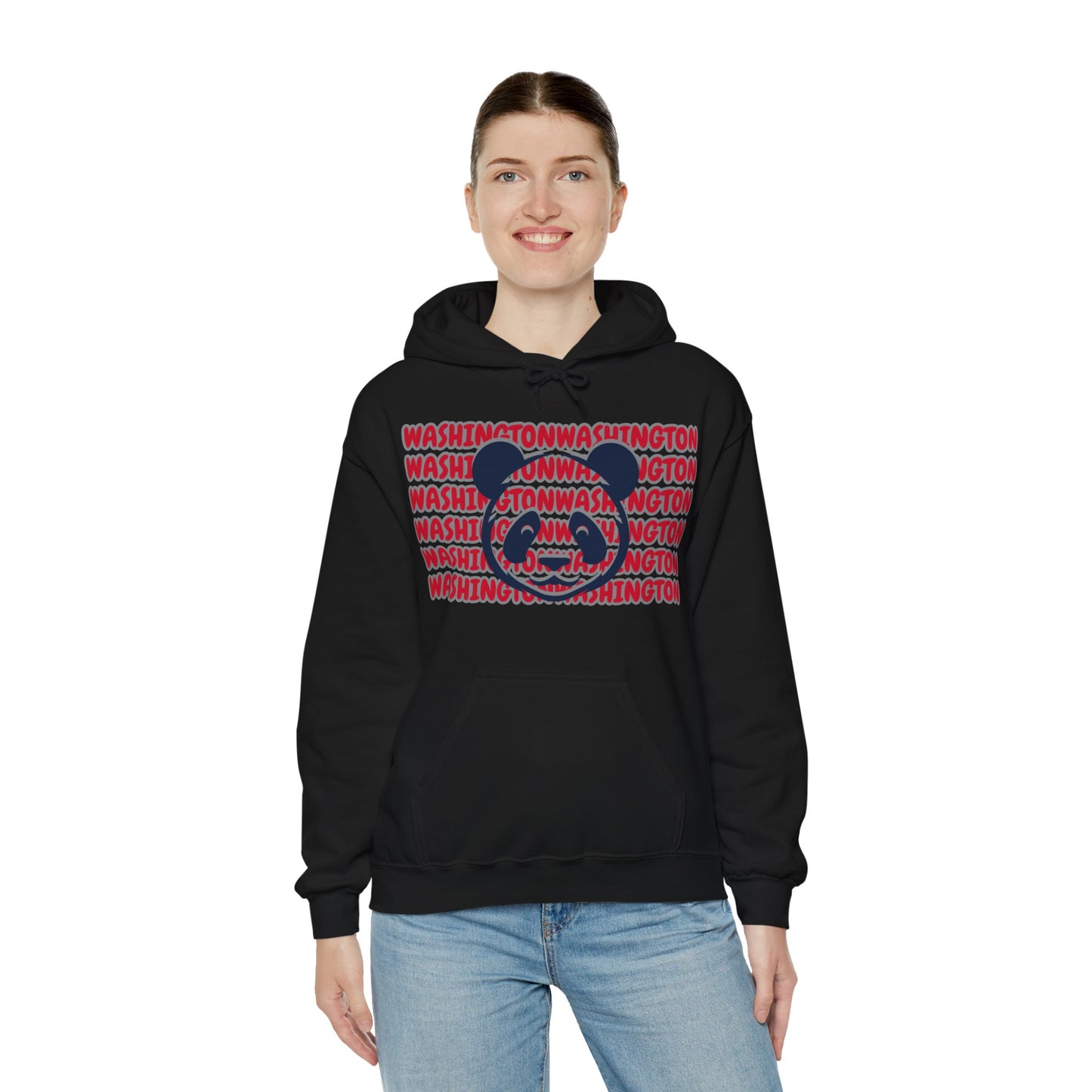 Washington Hoodie This unique hoodie design is inspired by Washington women's basketball (WBB). With Washington in red bubble-ish lettering, outlined in silver. Featuring a big panda bear face in blue and gray color ways. Unisex Soft and comfy Kangaroo po