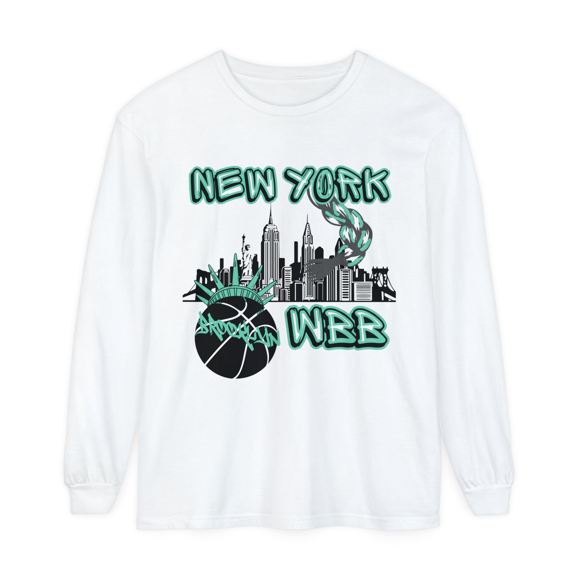 New York WBB Long Sleeve T-Shirt, This New York WBB long-sleeve shirt comes packed with softness and style. This tee features garment-dyed fabric and comes with a relaxed fit for total comfort in any casual setting. Featuring the New York City skyline in