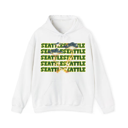 Seattle Hoodie This unique hoodie design is inspired by Seattle women's basketball (WBB). With Seattle in green letters with a yellow outline. Featuring dark gary storm clouds producing a lightning storm. This unisex hoodie is soft ands cozy Kanagroo pouc