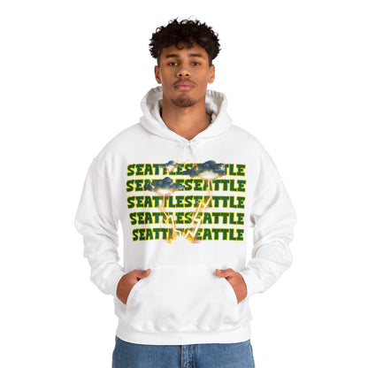 Seattle Hoodie This unique hoodie design is inspired by Seattle women's basketball (WBB). With Seattle in green letters with a yellow outline. Featuring dark gary storm clouds producing a lightning storm. This unisex hoodie is soft ands cozy Kanagroo pouc