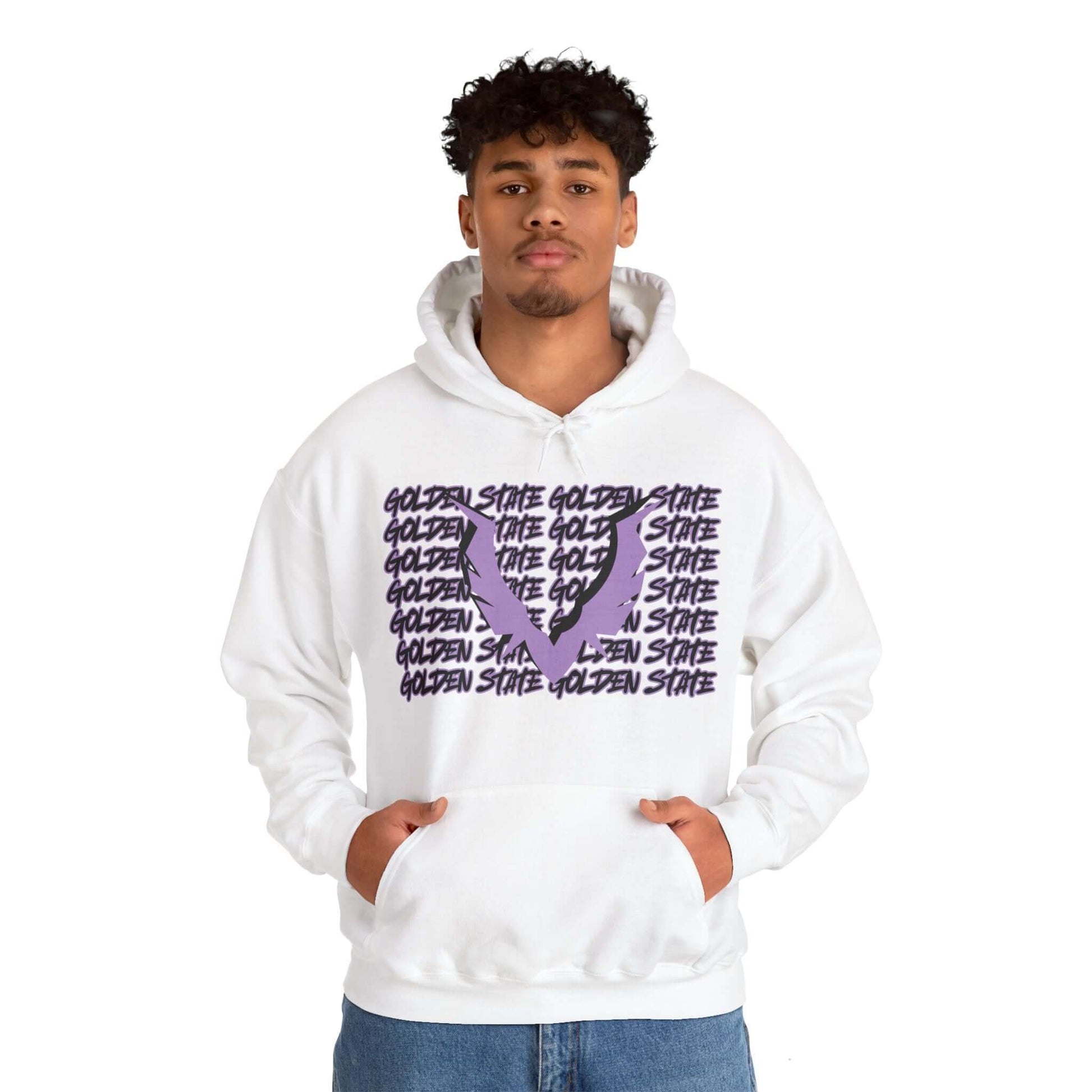 Golden State Hoodie This unique hoodie design is inspired by Golden State women's basketball (WBB). With Golden State in black Graffiti style letters, outlined in violet purple. Featuring a big set of valkyrie wings in the same color way. Unisex Soft and