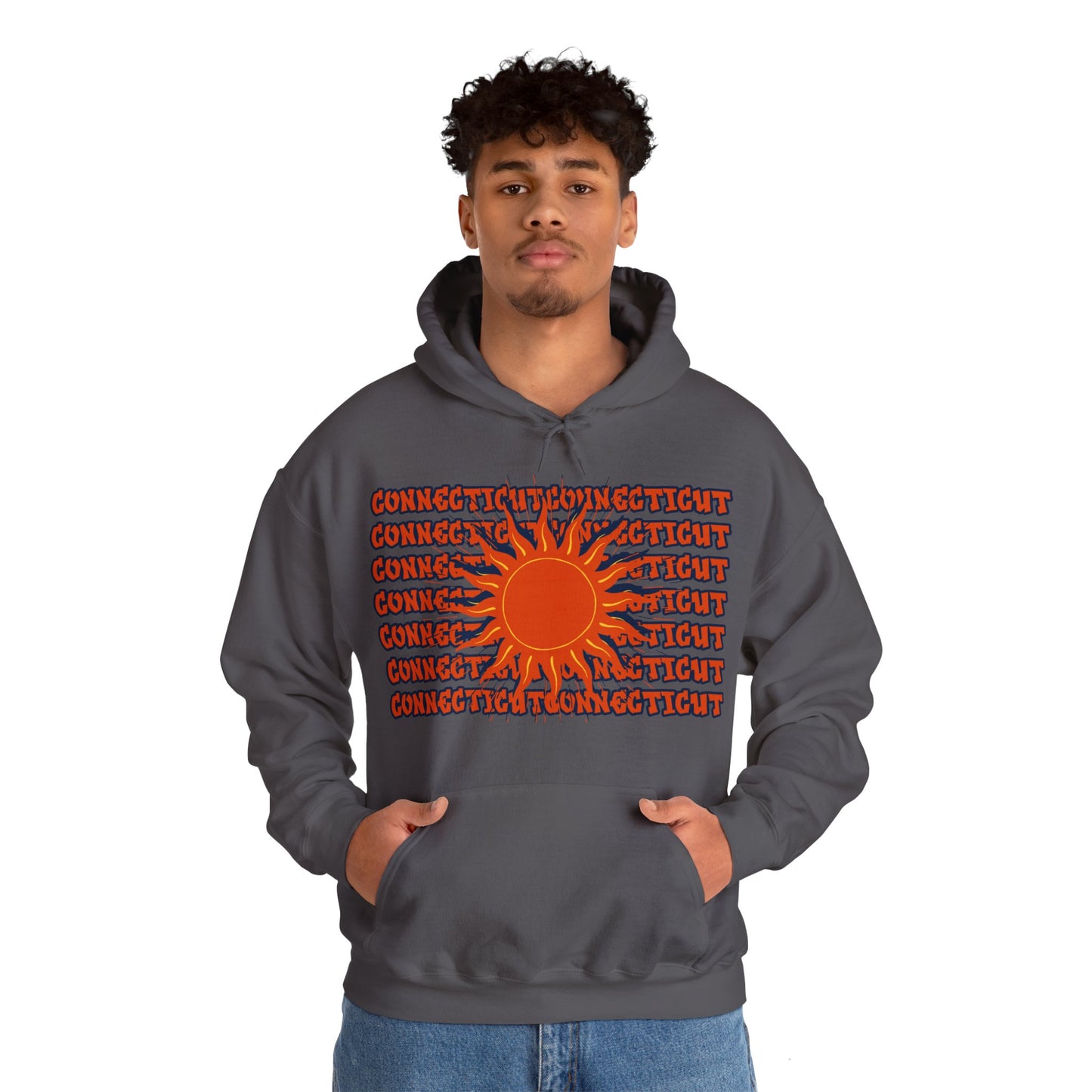 Connecticut Hoodie, A cozy unisex hoodie featuring a design inspired by Connecticut women's basketball. The graffiti-style font spells out 'Connecticut' in orange and navy colors, with a sun motif in orange and yellow. Perfect for basketball fans and thos