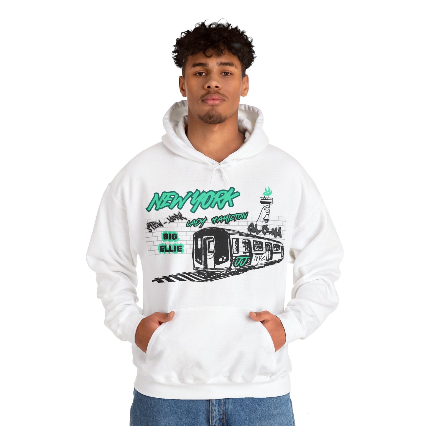 Subway Hoodie This hoodie is for the New York women's basketball (WBB) fans. With a subway train with track. The words New York in seafaom green Grafitti. Featuring different player nicknames on the brick wall in different styles of Graffiti (Stew-York, S