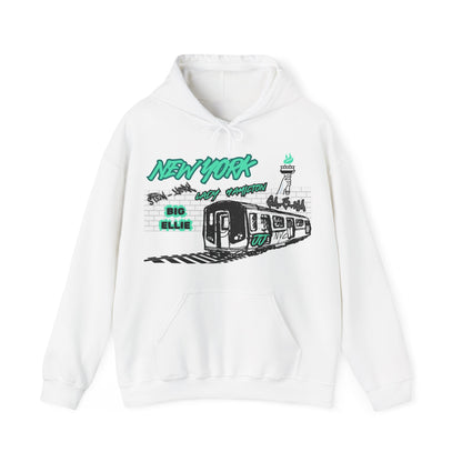 Subway Hoodie This hoodie is for the New York women's basketball (WBB) fans. With a subway train with track. The words New York in seafaom green Grafitti. Featuring different player nicknames on the brick wall in different styles of Graffiti (Stew-York, S