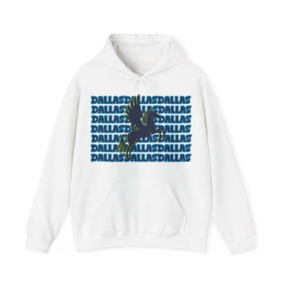 Dallas Hoodie This unique hoodie design is inspired by Dallas women's basketball(WBB). With Dallas in blue and cyan bold, bubble-ish Graffiti. Featuring a Pegassus in blue with a volt green shadow. Unisex Soft and comfy 50% Cotton 50% Polyester blend Kang