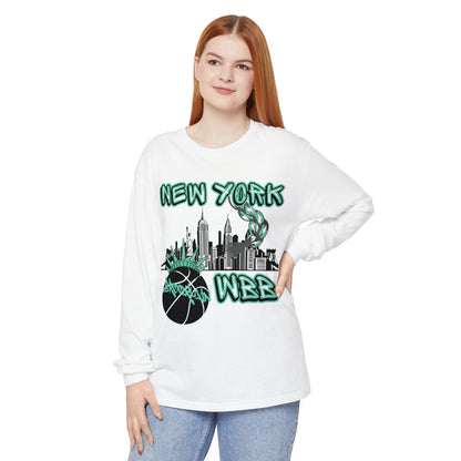 New York WBB Long Sleeve T-Shirt, This New York WBB long-sleeve shirt comes packed with softness and style. This tee features garment-dyed fabric and comes with a relaxed fit for total comfort in any casual setting. Featuring the New York City skyline in