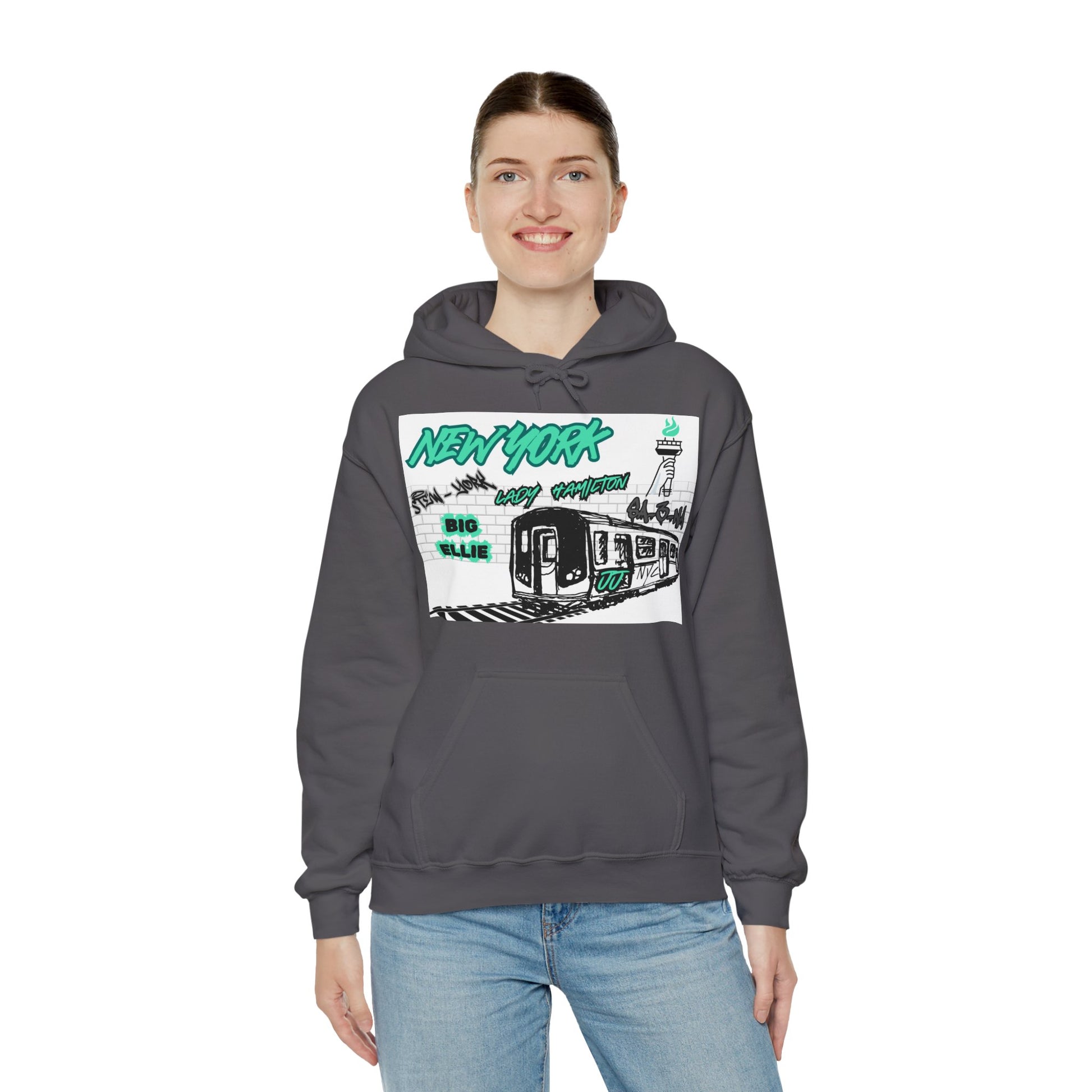 Subway Hoodie This hoodie is for the New York women's basketball (WBB) fans. With a subway train with track. The words New York in seafaom green Grafitti. Featuring different player nicknames on the brick wall in different styles of Graffiti (Stew-York, S