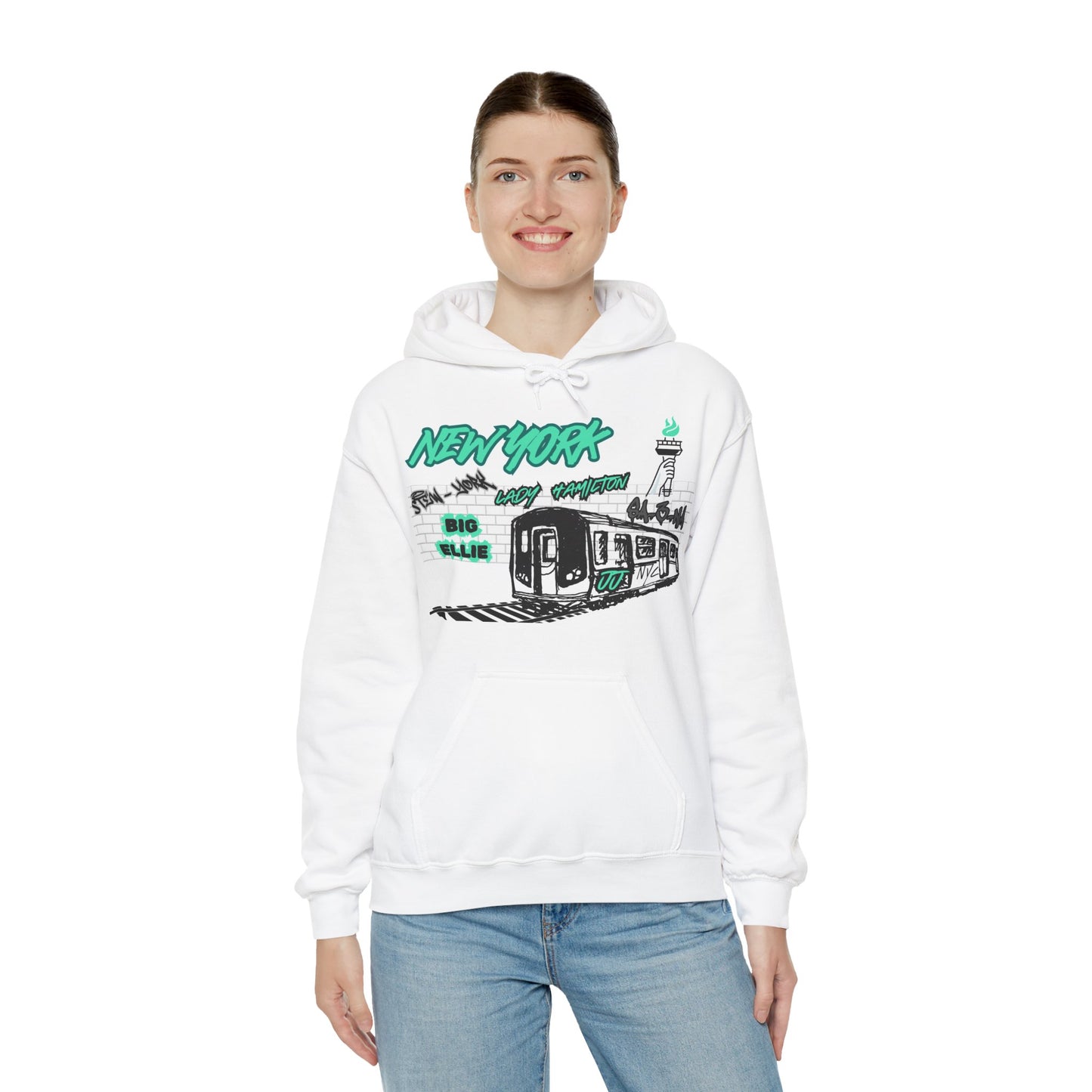 Subway Hoodie This hoodie is for the New York women's basketball (WBB) fans. With a subway train with track. The words New York in seafaom green Grafitti. Featuring different player nicknames on the brick wall in different styles of Graffiti (Stew-York, S