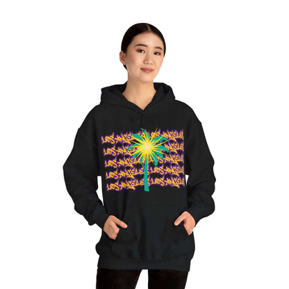 Los Angeles Hoodie, A cozy unisex hoodie featuring a design representing Los Angeles women's basketball. The hoodie showcases the word 'Los Angeles' in graffiti-style font in purple and yellow, with a teal palm tree embellished with a spark on the palms.