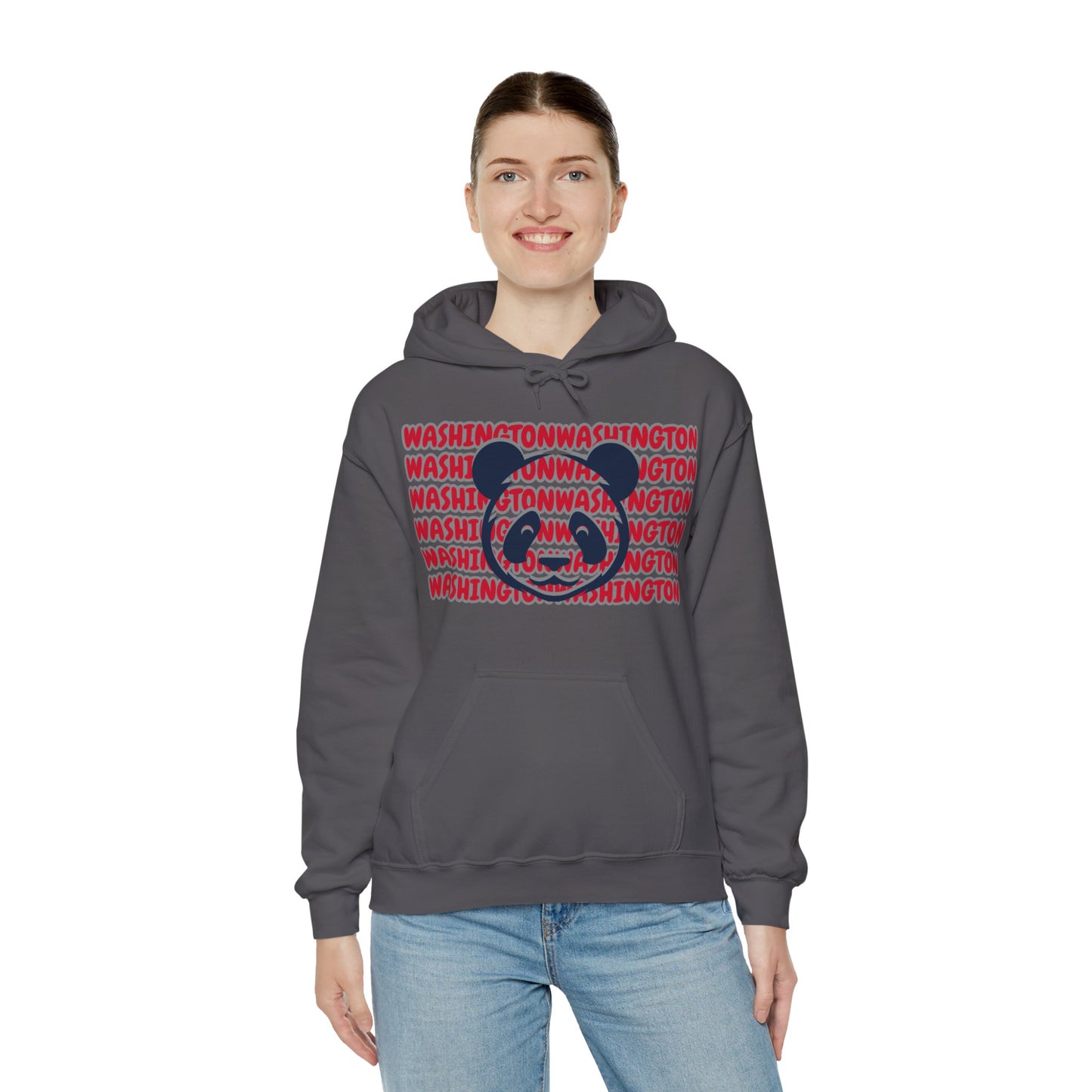 Washington Hoodie This unique hoodie design is inspired by Washington women's basketball (WBB). With Washington in red bubble-ish lettering, outlined in silver. Featuring a big panda bear face in blue and gray color ways. Unisex Soft and comfy Kangaroo po