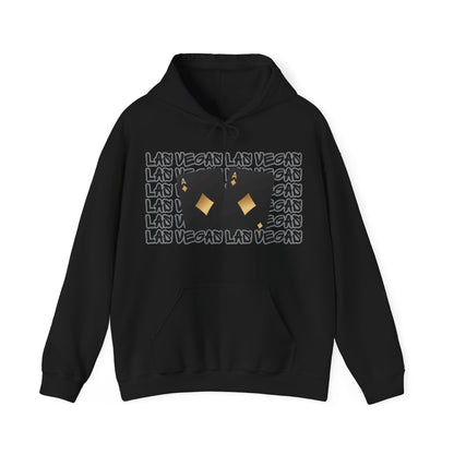 Las Vegas Hoodie This unique hoodie design is inspired by Las Vegas women's basketball(WBB). With Las Vegas in black Graffiti, outlined in silver. Featuring 2 black cards that are the Ace of Diamonds in gold. Soft and comfy 50% Cotton 50% Polyester blend