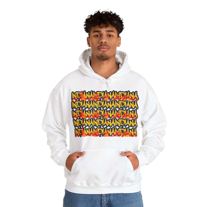 Indiana Hoodie This heavy blend Indiana hoodie is relaxation. With Indiana in yellow and navy dripping Graffiti letters. Featuring fire along the bottom of the words to represent the hotness that is Indiana WBB. Unisex Soft and Cozy Kangaroo pouch and tea