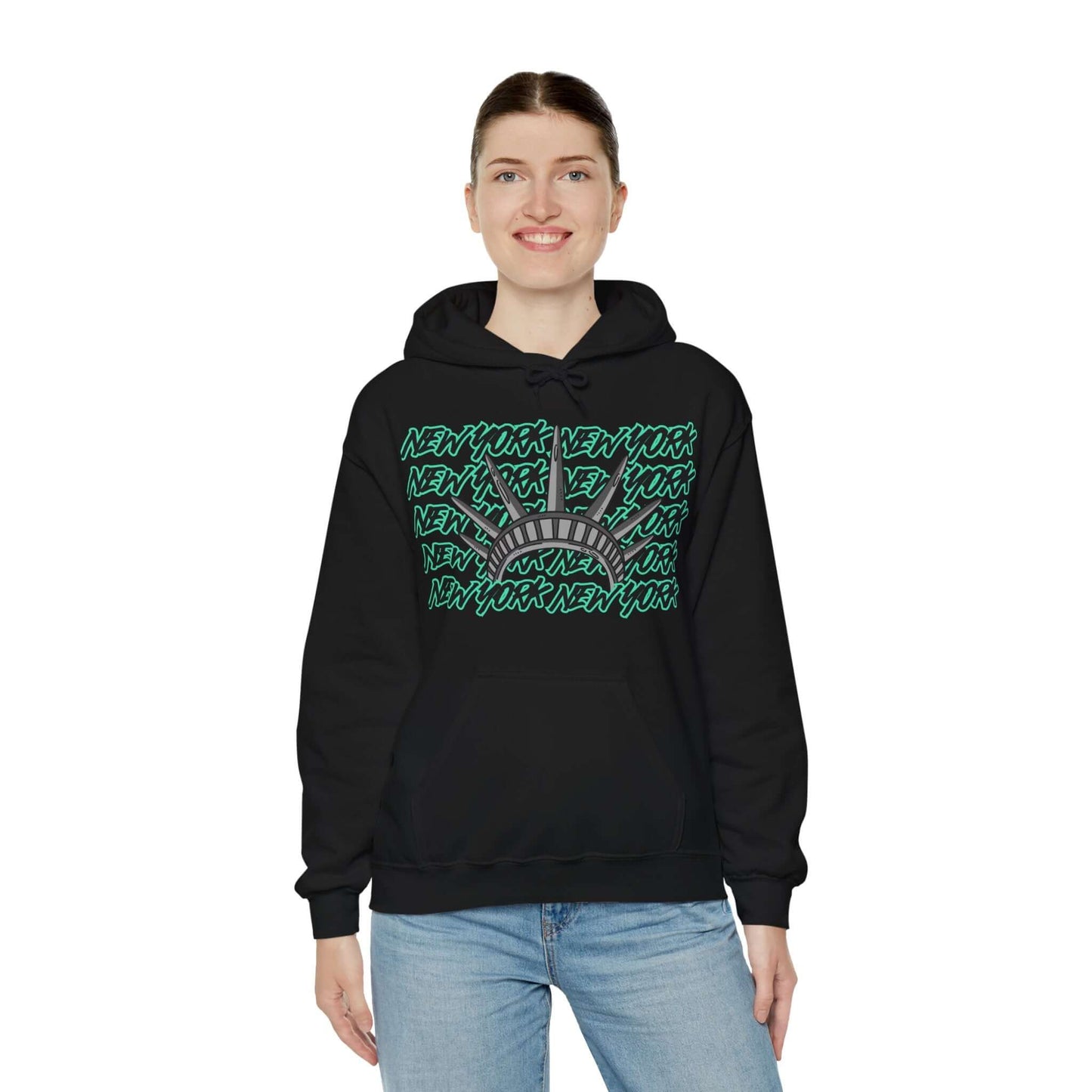 New York Hoodie This unique hoodie design is inspired by New York women's basketball (WBB). With New York in black Graffitti letters outlined in seafoam green. Featuring the a big Lady Liberty crown in gray. Unisex Soft and comfy 50% Cotton 50% Polyester