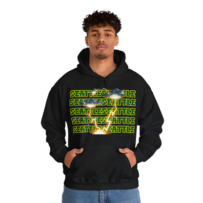 Seattle Hoodie This unique hoodie design is inspired by Seattle women's basketball (WBB). With Seattle in green letters with a yellow outline. Featuring dark gary storm clouds producing a lightning storm. This unisex hoodie is soft ands cozy Kanagroo pouc