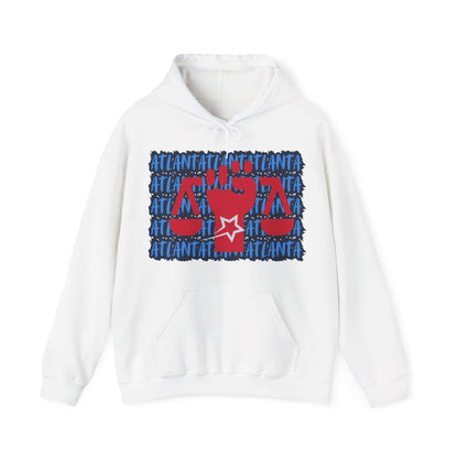 Atlanta Hoodie This unique hoodie design is inspired by Atlanta women's basketball (WBB). With Atlanta in light blue Graffiti style letters, outlined in navy blue. Featuring a big Civil Rights symbol, an upright fist holding the scales of equality, in red